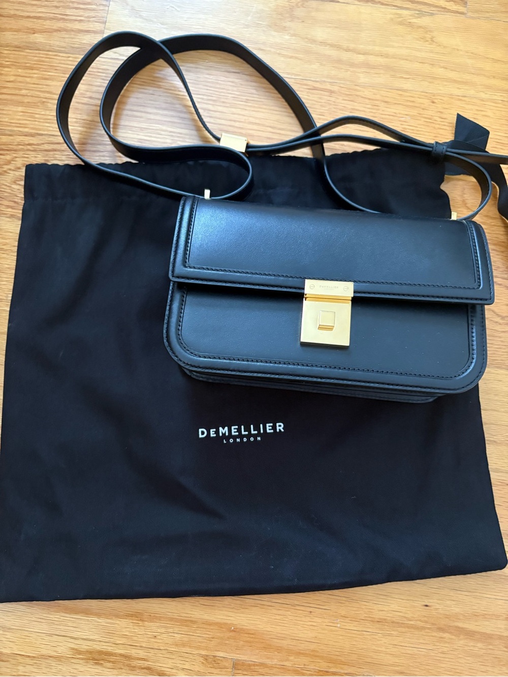DeMellier Black Leather Crossbody with Gold Lock. New without tags